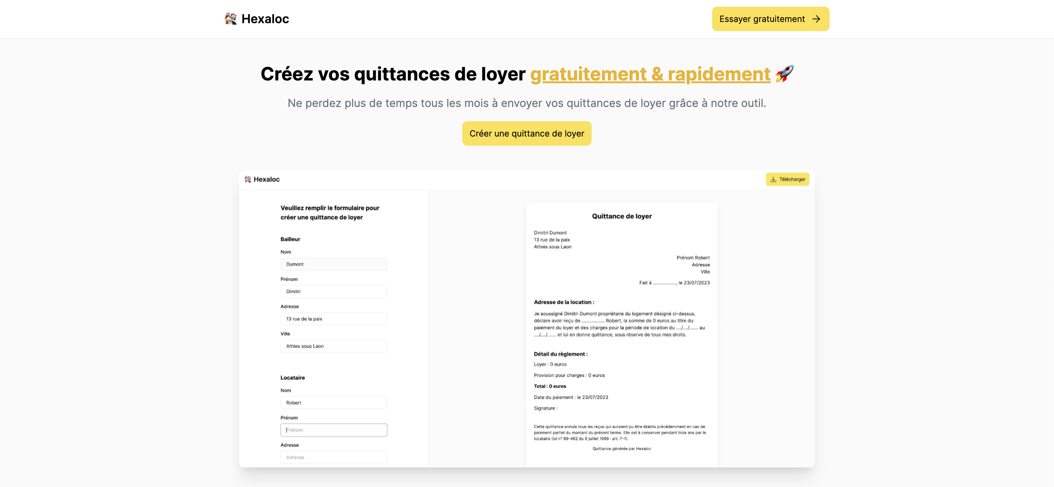 Capture d'écran de la landing page du SaaS Hexaloc
